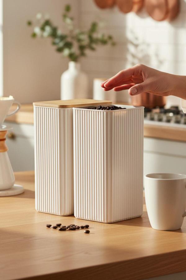 İronika 2 Litre Bambu Kapaklı Erzak Gıda Bakliyat Saklama Kabı Mutfak Organizeri 2 Adet - Image 1