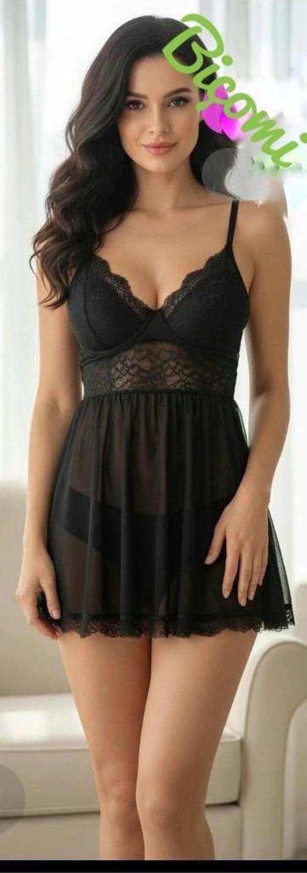 Transparan Siyah Dantel Detaylı Fantezi Tül Gecelik - Image 1