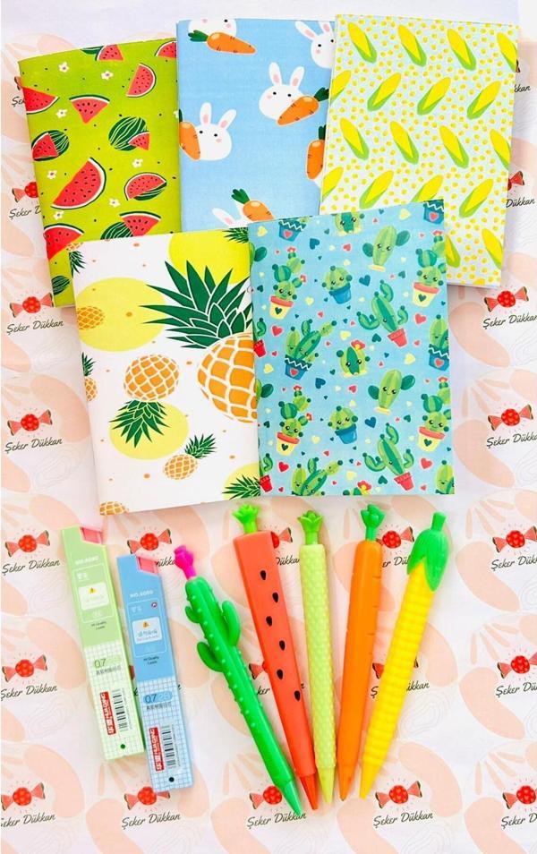 Öz Kırtasiye 5'Li Meyveler 0.7 Uçlu Kalem Defter Seti - Kaktüs,Karpuz,Mısır,Ananas,Havuç 5'Li - Image 1