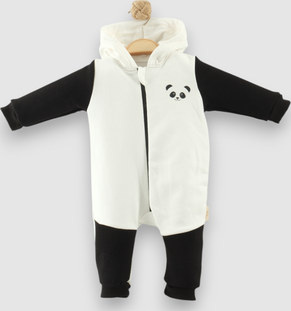 PANDA FİGÜRLÜ KAPÜŞONLU ÜÇ İPLİK ŞARDONLU TULUM - NEC253223-Beyaz-9 - 12 Ay BEYAZ - Image 1