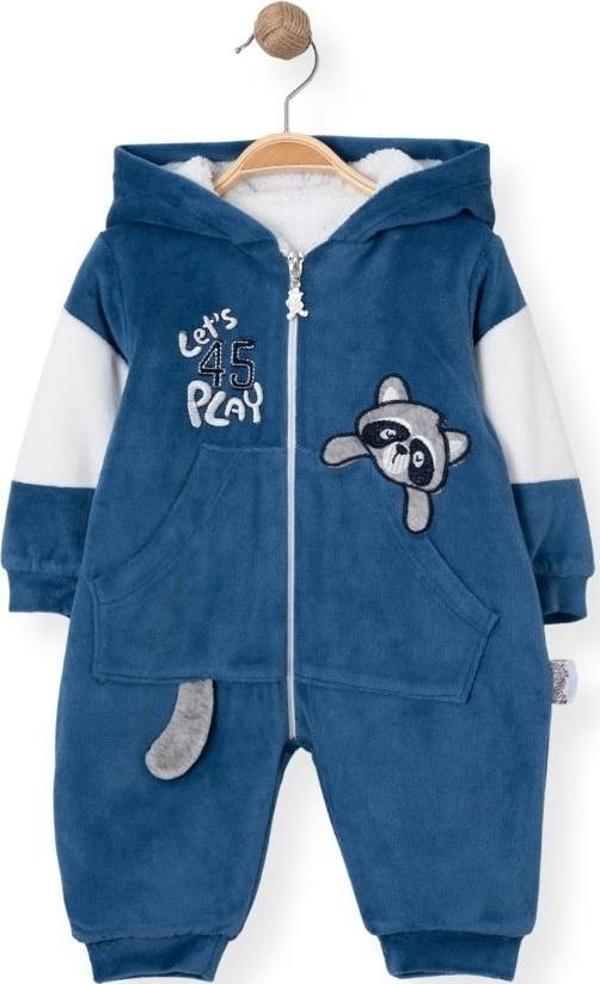 LETS 45 NAKIŞLI KAPÜŞONLU POELUŞLU KADİFE TULUM - Mavi - 9 Ay - SDL6035-Mavi-9 Ay Mavi - Image 1