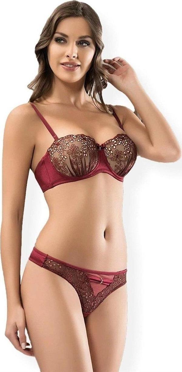NBB Bordo Dantel Detaylı Destekli Balenli Sütyen Takım -4342 - Image 1
