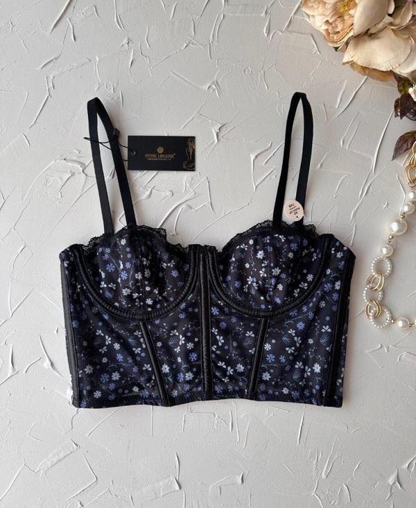 Luna Siyah Lacivert Balenli Çiçek Desenli Korse Sütyen/Büstiyer - Image 1