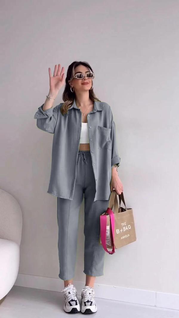 Keten Günlük İkili Takım Elbise Pantolon Gömlek - Image 1