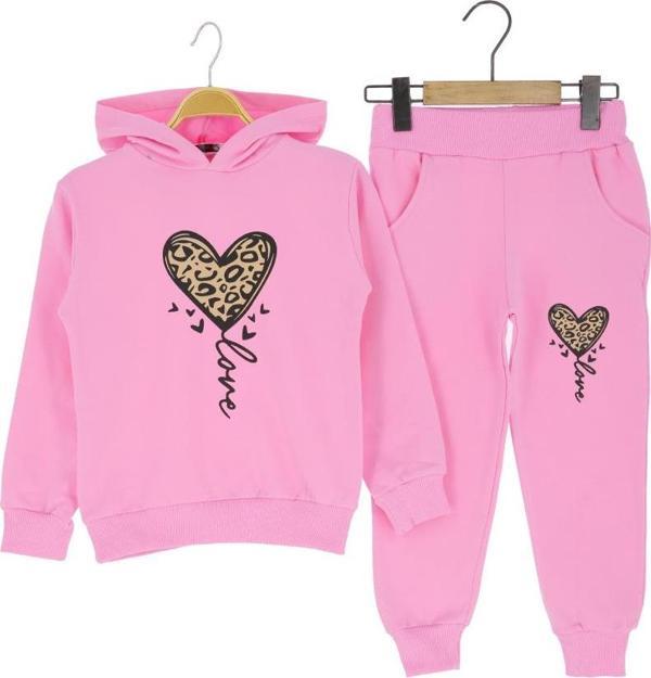 KAPÜŞONLU LEOPAR KALP BASKILI İKİ İPLİK ŞARDONLU EŞOFMAN TAKIM - Pembe - 1 - 2  Yaş Pembe - Image 1