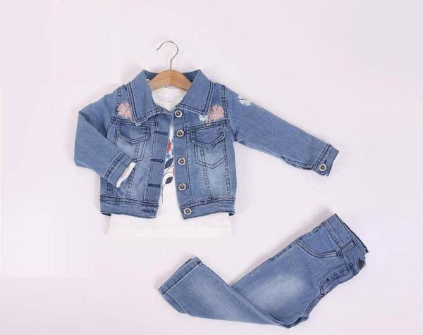 ÇİÇEK NAKIŞLI İKİ İPLİK SWEATSHIRTLÜ ÜÇLÜ DENIM ALT ÜST TAKIM - SM004-Mavi-4 Yaş Mavi - Image 1