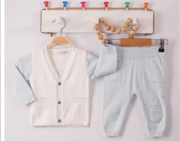 CEP DETAYLI V YAKA HIRKALI DİZ DETAYLI TRİKO ALT ÜST TAKIM - GB6049-Mavi-0 - 3 Ay Mavi - Image 1