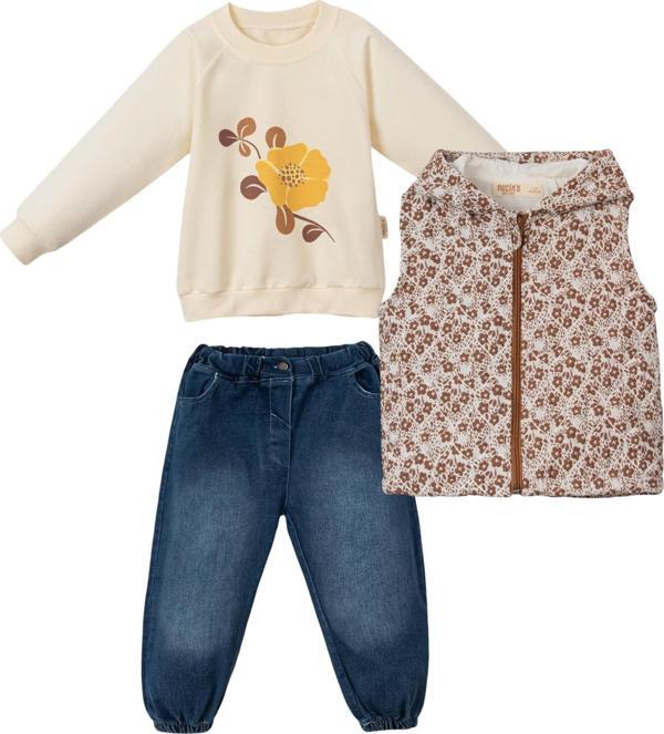 ÇİÇEKLİ KAPİTONE KAPÜŞONLU YELEK DENIM PANTOLON ÜÇLÜ ALT ÜST TAKIM - NEC243272-Kahvereng-1 - 2  Yaş Kahverengi - Image 1