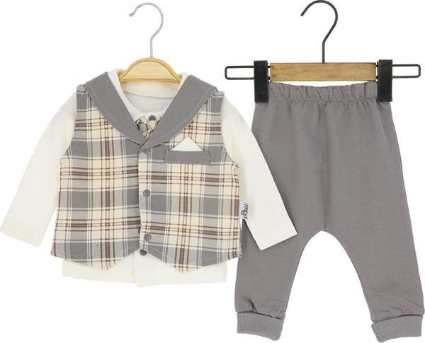 EKOSE PAPYONLU YELEKLİ ÜÇLÜ PENYE ALT ÜST TAKIM - Gri - 3 - 6 Ay - PKL1009-Gri-3 - 6 Ay Gri - Image 1