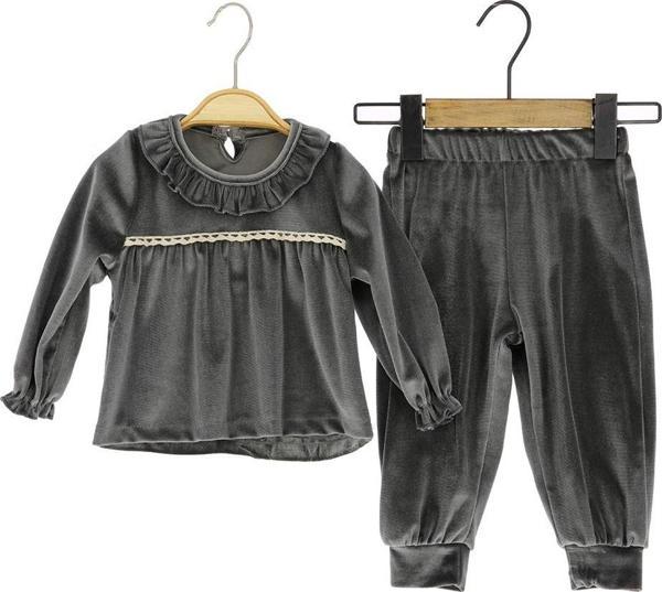 FİSTOLU KADİFE ALT ÜST TAKIM - GVN5080-Gri-18 Ay Gri - Image 1