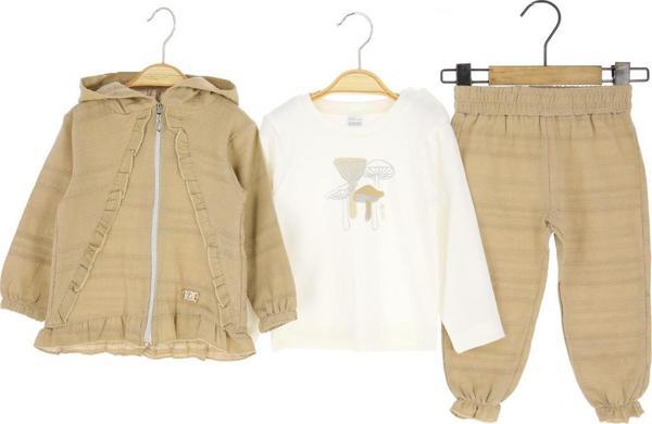 KAPÜŞONLU CEKETİ FIRFIRLI MANTAR BASKILI ÜÇLÜ ALT ÜST TAKIM - JNF24527-Kahverengi-18 Ay Kahverengi - Image 1