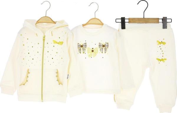 KAPÜŞONLU TAŞLI FİYONK BASKILI İKİ İPLİK ÜÇLÜ ALT ÜST TAKIM - MTX24239-Ekru-18 Ay Ekru - Image 1