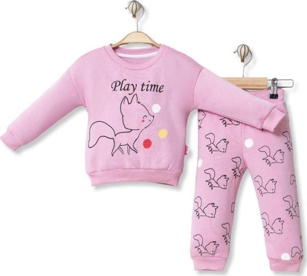 PLAY TIME BASKILI TİLKİLİ ÜÇ İPLİK ALT ÜST TAKIM - MYS5527-Pembe-12 Ay Pembe - Image 1