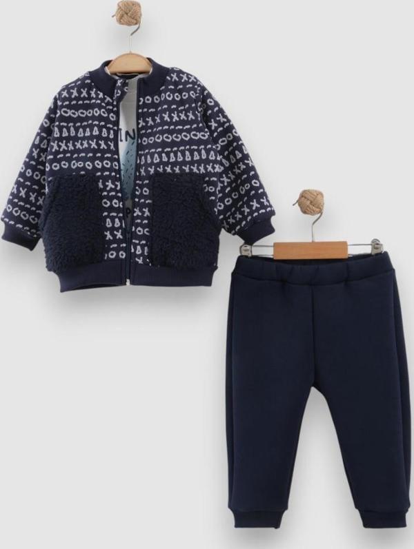 WINTER ADVENTURE HAKİM YAKA CEKETLİ ÜÇ İPLİK ŞARDONLU ÜÇLÜ ALT ÜST TAKIM - NEC254027-Lacivert-12 - 18 Ay LACİVERT - Image 1