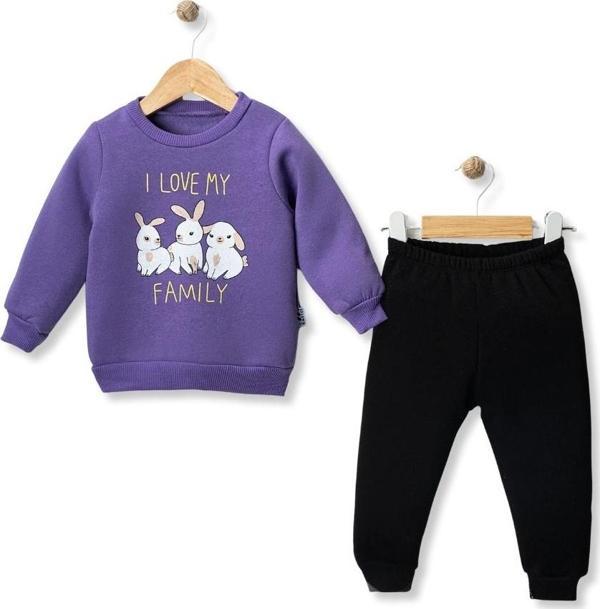 I LOVE MY FAMILY BASKILI ÜÇ İPLİK ŞARDONLU ALT ÜST TAKIM - MYS5181-Mor-12 Ay Mor - Image 1