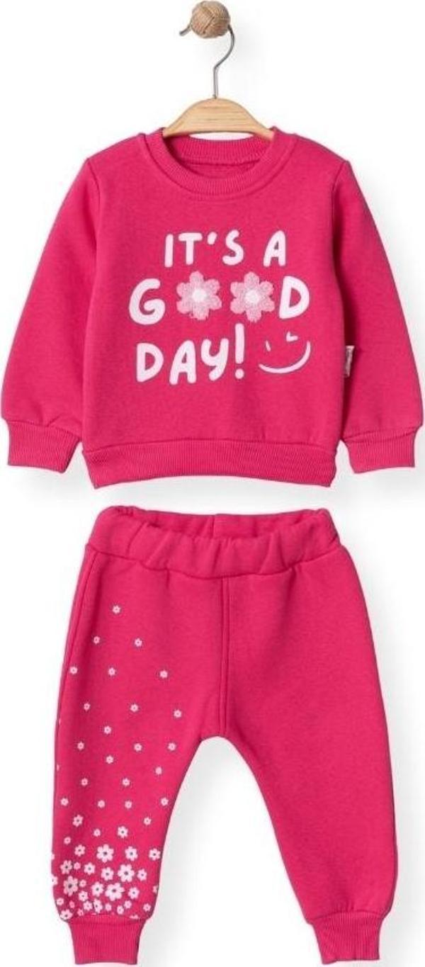 PAPATYA NAKIŞLI ÜÇ İPLİK ŞARDONLU ALT ÜST TAKIM - SDL7094-Fuşya-9 Ay Fuşya - Image 1