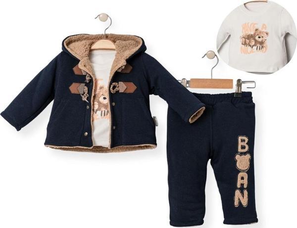 HAVE A NICE DAY BASKILI KAPÜŞONLU İÇİ KÜRKLÜ ÜÇ İPLİK ALT ÜST TAKIM - SDL7015-Lacivert-18 Ay LACİVERT - Image 1