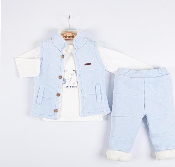 KADİFE YELEKLİ İÇİ PELUŞLU ÜÇLÜ ALT ÜST TAKIM - Mavi - 6 Ay Mavi - Image 1