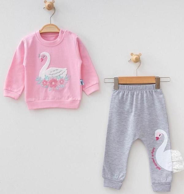 KUĞU NAKIŞLI İKİ İPLİK ALT ÜST TAKIM - Pembe - 6 - 9 Ay - BBH499-Pembe-6 - 9 Ay Pembe - Image 1