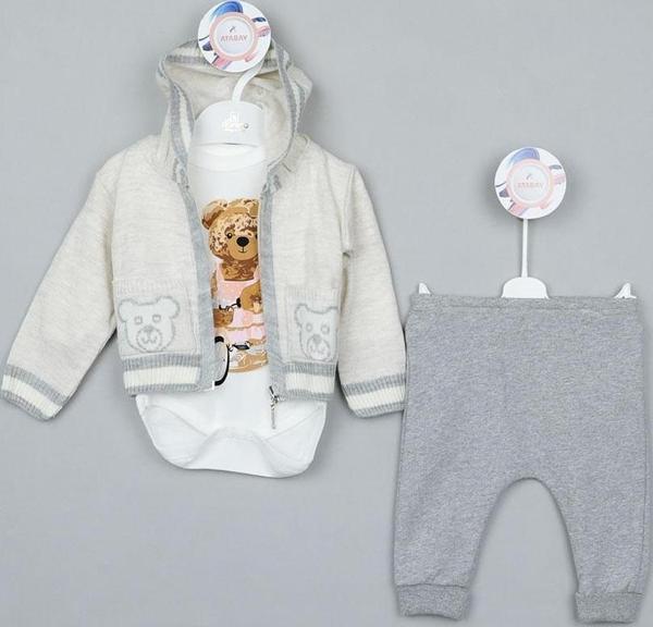 KAPÜŞONLU AYILI TRİKO HIRKALI ÜÇLÜ PENYE ALT ÜST TAKIM - Krem - 3 - 6 Ay - DNN13756-Krem-3 - 6 Ay Krem - Image 1