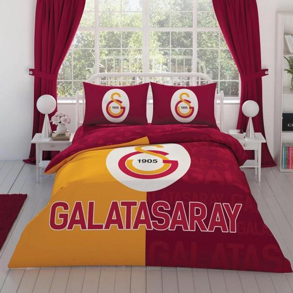 Taç Taraftar Lisanslı Ranforce Çarşafı Lastikli Çift Kişilik Nevresim Takımı-Galatasaray Parçalı Logo - Image 1