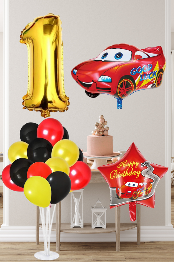 1 Yaş Yarış Arabası Temalı Gold Rakamlı Balonlu Doğum Günü Süsleme - Image 1