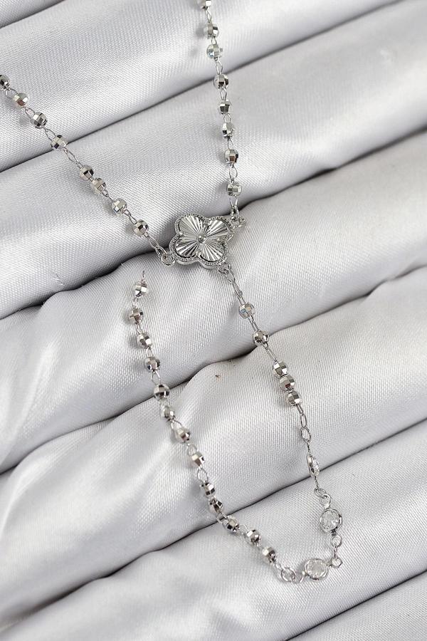 BFS Pirinç Zirkon Taşlı Yonca Model Gümüş Renk Kadın Y Kolye - Image 1