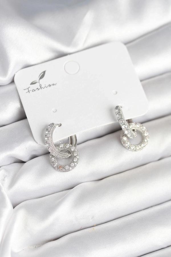 BFS Gümüş Renk Pirinç Zirkon Taşlı Halka Model Kadın Küpe - Image 1