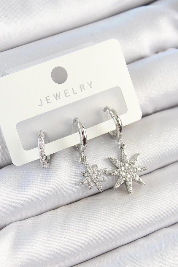 BFS Pirinç Zirkon Taşlı Kutup Yıldızı Model Gümüş Renk 3'lü Çift Kadın Küpe Set - Image 1