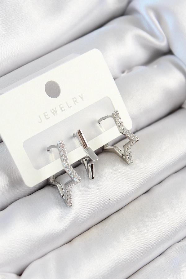 BFS Pirinç Zirkon Taşlı Yıldız Model Gümüş Renk 3'lü Çift Kadın Küpe Set - Image 1