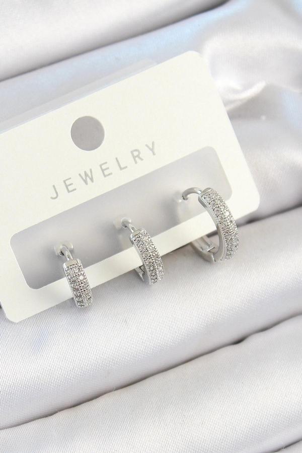 BFS Pirinç Zirkon Taşlı Halka Model Gümüş Renk 3'lü Çift Kadın Küpe Set - Image 1