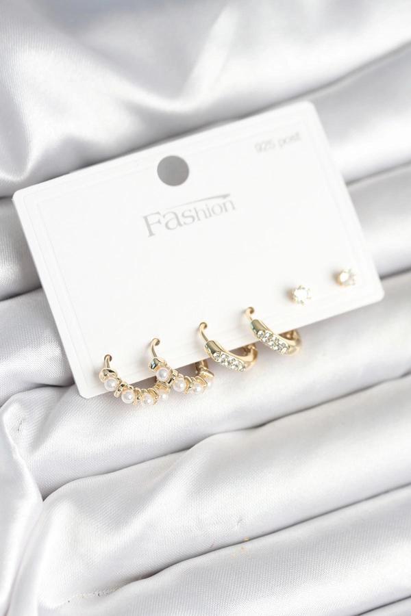 BFS Pirinç Gold Renk Zirkon Taşlı ve İncili Model 925 Ayar Gümüş Çivi Kadın Küpe Seti - Image 1