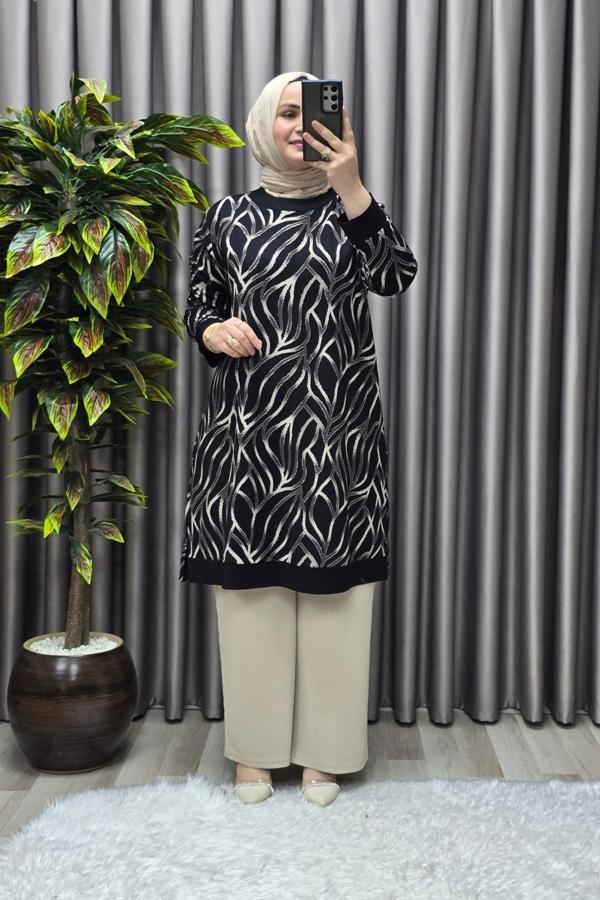 Kadın Tesettür Giyim Büyük Beden Trend Simli Tunik  - Image 1