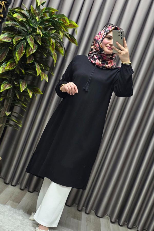 Kadın Tesettür Giyim Büyük Beden Tek Renk İpli Tunik  - Image 1