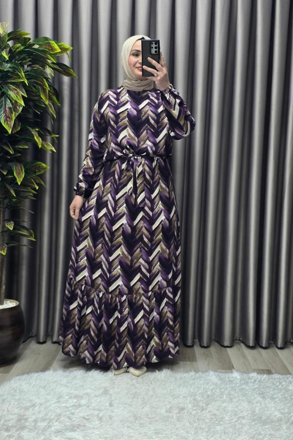 Kadın Tesettür Giyim Büyük Beden Viscon Desenli Elbise  - Image 1