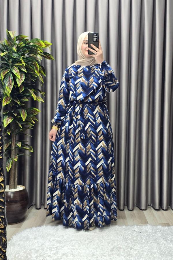 Kadın Tesettür Giyim Büyük Beden Viscon Desenli Elbise  - Image 1