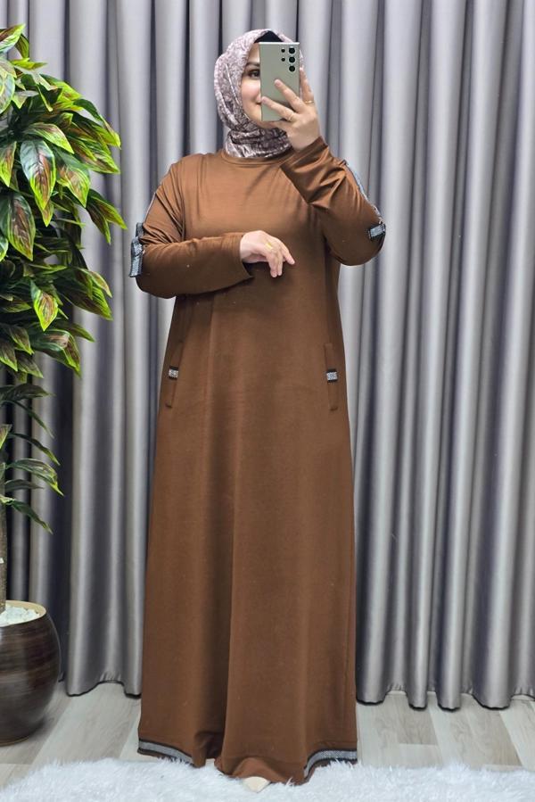 Kadın Tesettür Giyim Büyük Beden Kolu Şeritli Elbise  - Image 1