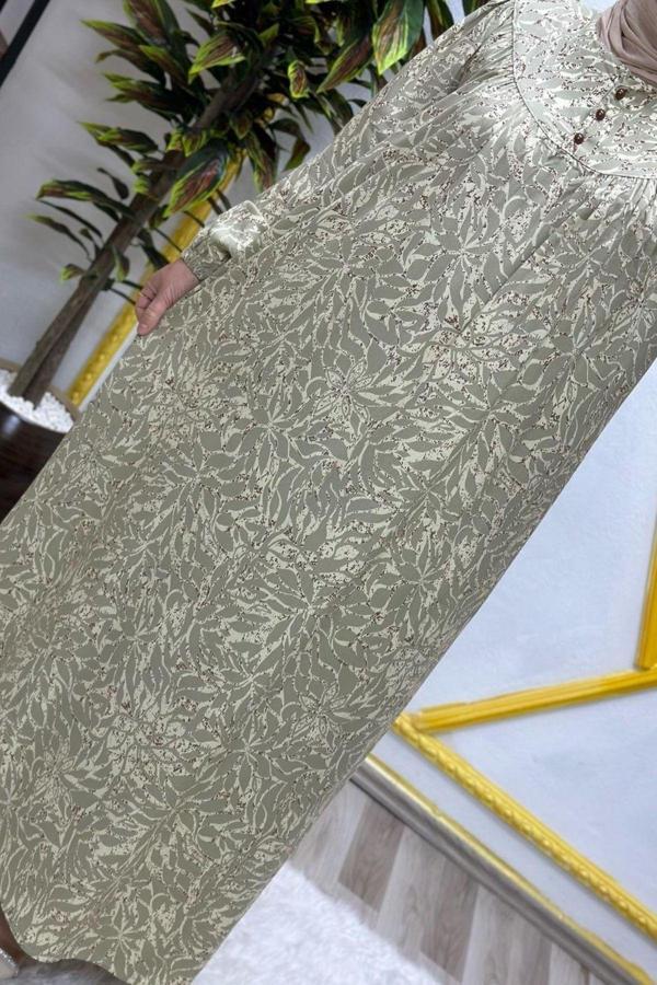 Kadın Tesettür Giyim Büyük Beden Yaprak Desenli Tam Robalı Elbise  - Image 1