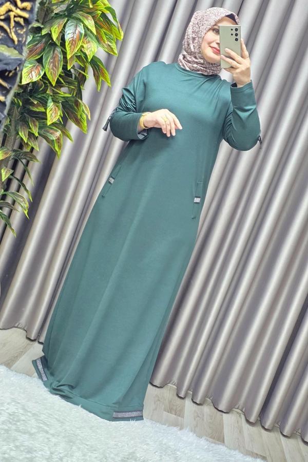 Kadın Tesettür Giyim Büyük Beden Kolu Şeritli Elbise  - Image 1