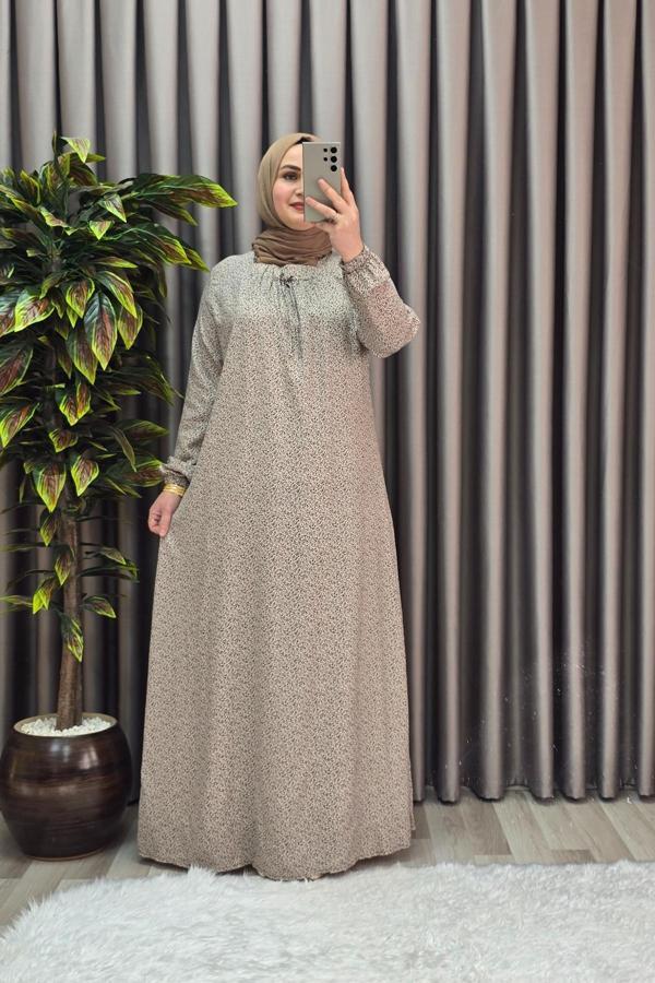 Kadın Tesettür Giyim Büyük Beden Yarım Robalı Çıtır Desen Elbise  - Image 1