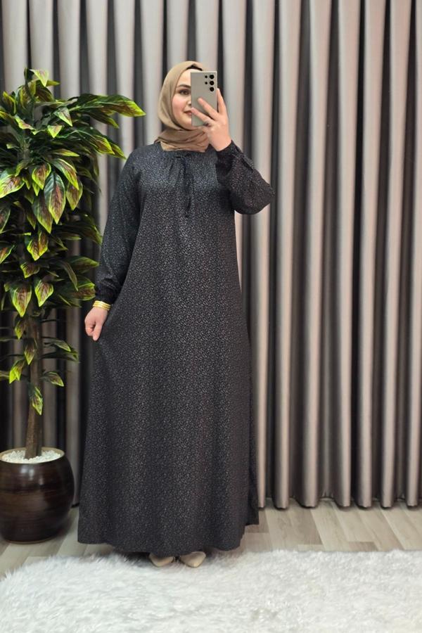 Kadın Tesettür Giyim Büyük Beden Yarım Robalı Çıtır Desen Elbise  - Image 1