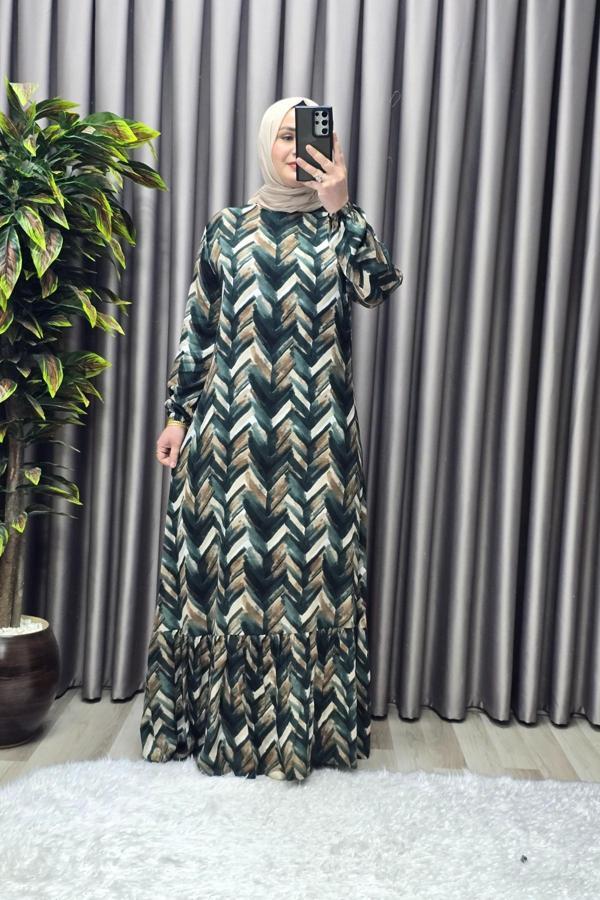 Kadın Tesettür Giyim Büyük Beden Viscon Desenli Elbise  - Image 1