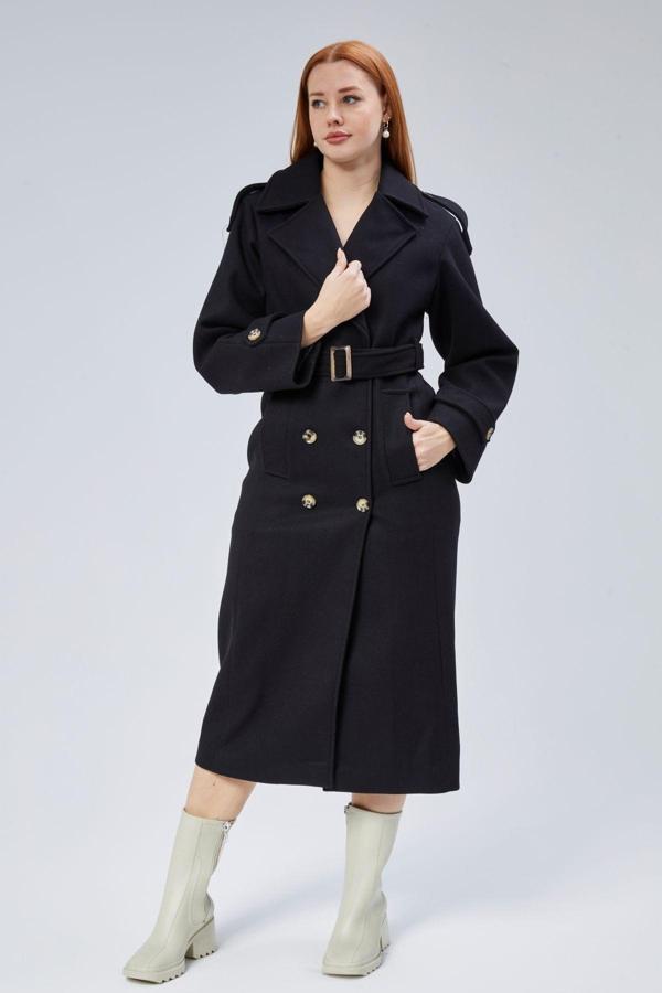 Siyah Regular Apolet Detaylı Kruvaze Kaşe Kaban - Image 1