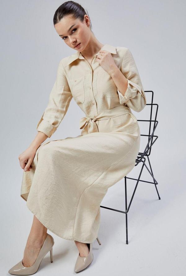 Açık Bej Regular Fit Kuşak Kemerli Gömlek Elbise - Image 1