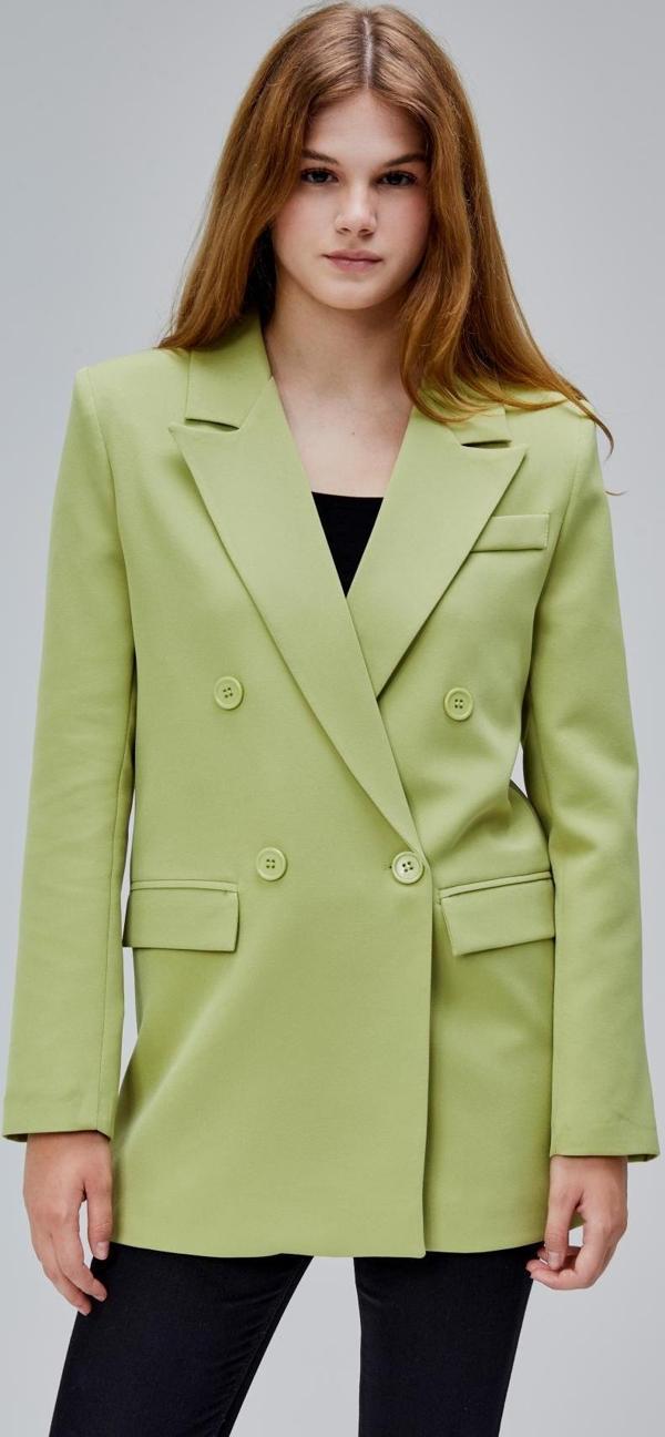 Açık Haki Regular Astarlı Kruvaze Kapama Dokuma Oversize Blazer Ceket - Image 1