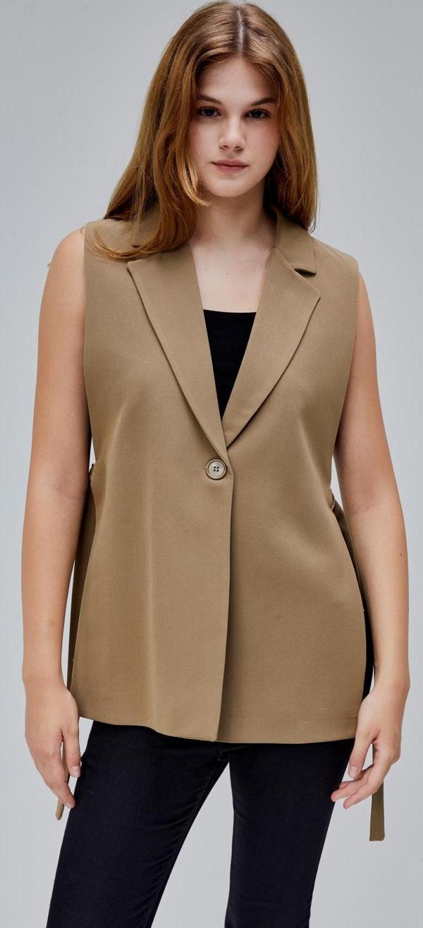 Kadın Koyu Haki Regular Astarlı Dokuma Yelek - Image 1