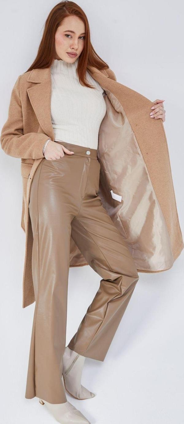 Kadın Kruvaze Cepli Kaşe Kaban - Image 1