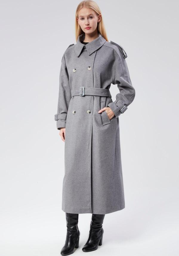 Kuşaklı Oversize Kaşe Kaban - Image 1