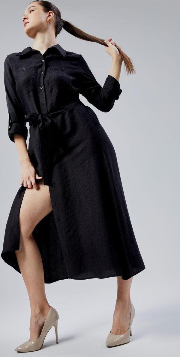 Siyah Regular Fit Kuşak Kemerli Gömlek Elbise - Image 1