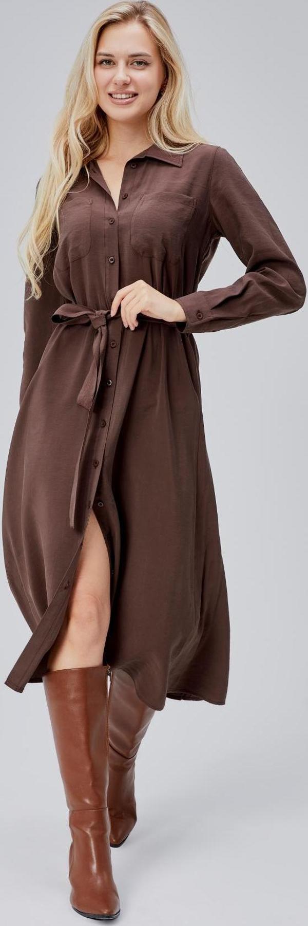 Kahverengi Regular Kemerli Gömlek Elbise - Image 1